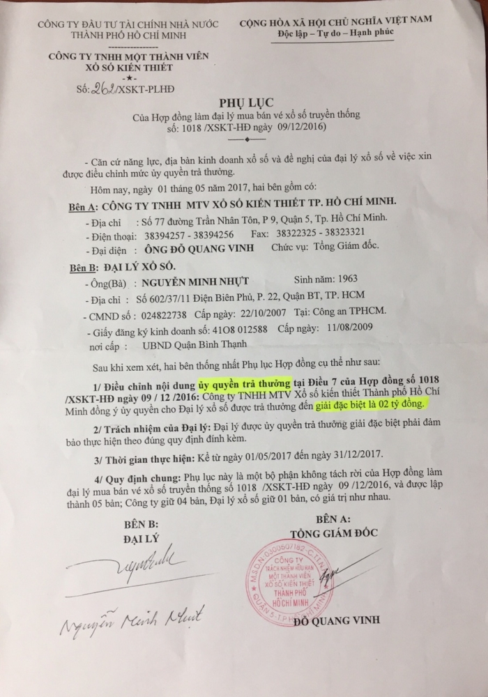 uỷ quyền trả thường từ công ty xskt
